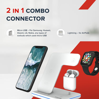 CANYON Wireless Charger 3 in 1 Compatible with iPhone Apple Watch, and Airpods Fast Quick Charge Station for Qi Devices Touch Control Backlight Desktop Charging System, White