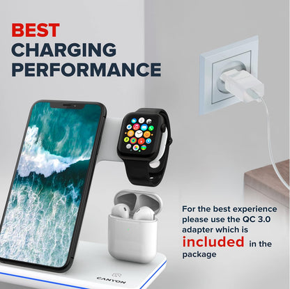 CANYON Wireless Charger 3 in 1 Compatible with iPhone Apple Watch, and Airpods Fast Quick Charge Station for Qi Devices Touch Control Backlight Desktop Charging System, White