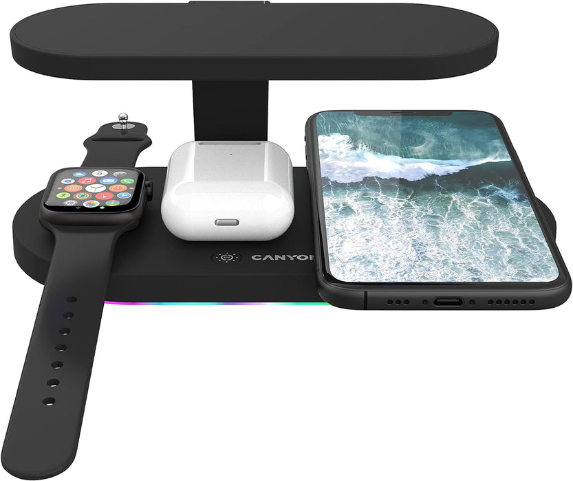 CANYON 5 in 1 Qi Wireless Charging Station with UV Sterilizer Compatible with Apple Airpods, iPhone, Apple iWatch, 24W Fast Quick Smartphone Charger, USB A Output and Type C Input