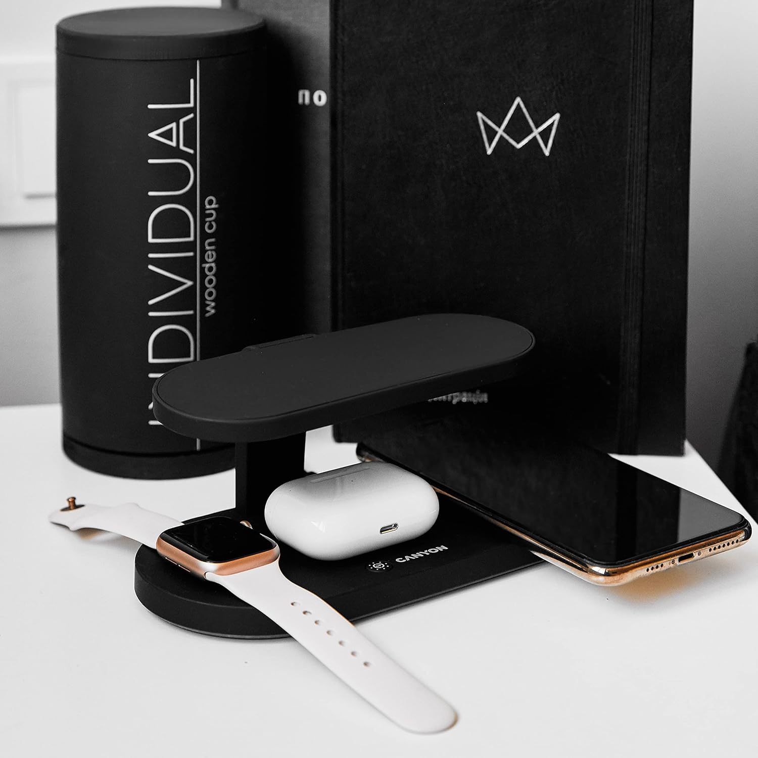 CANYON 5 in 1 Qi Wireless Charging Station with UV Sterilizer Compatible with Apple Airpods, iPhone, Apple iWatch, 24W Fast Quick Smartphone Charger, USB A Output and Type C Input