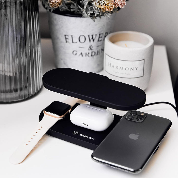 CANYON 5 in 1 Qi Wireless Charging Station with UV Sterilizer Compatible with Apple Airpods, iPhone, Apple iWatch, 24W Fast Quick Smartphone Charger, USB A Output and Type C Input