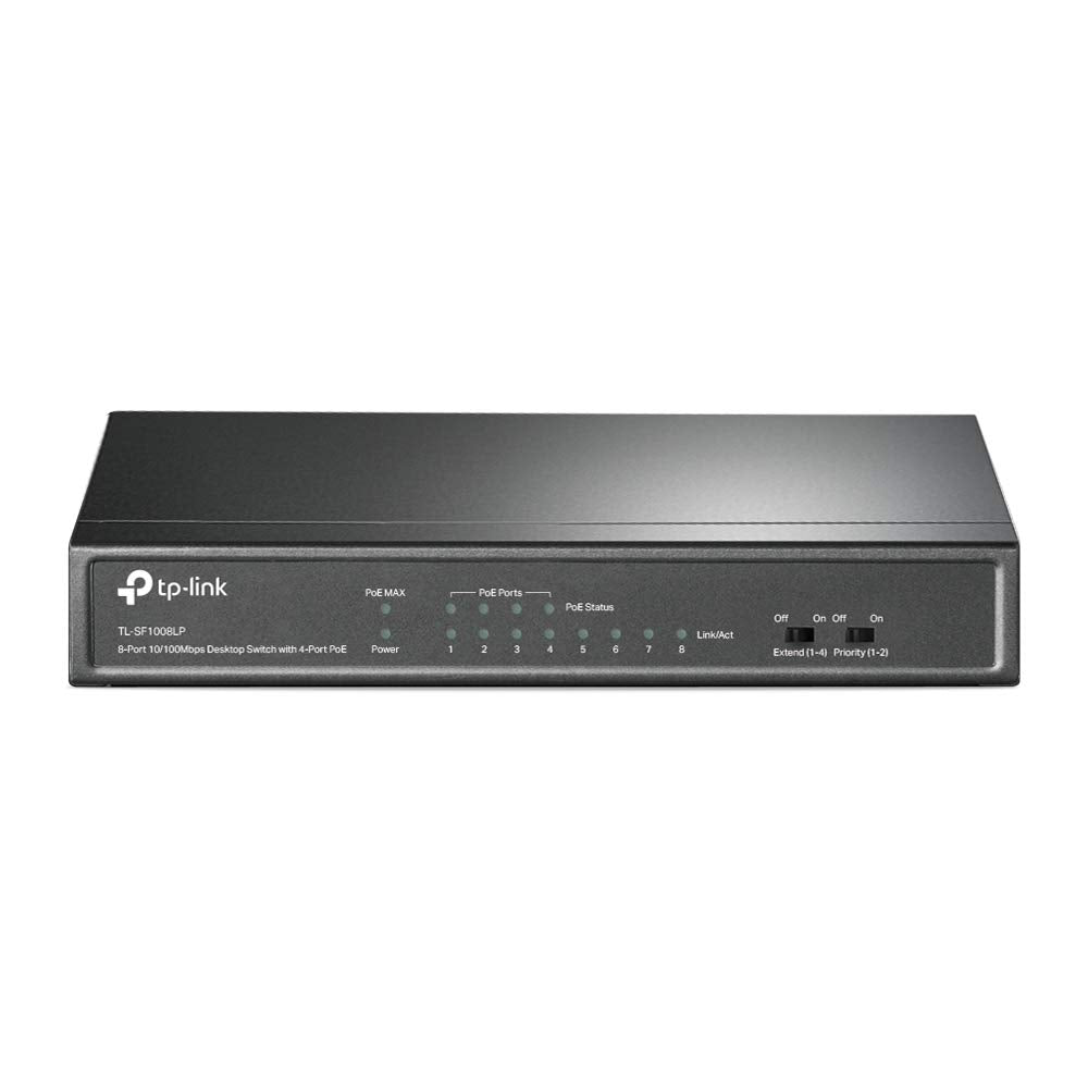 TP-Link TL-SF1008LP 8-Port Fast Ethernet PoE Switch (4 davon mit PoE-Unterstützung, 41W Watt, geschirmte RJ-45 Ports, 250m Übertragungsabdeckung im Extendmodus, Plug&Play, lüfterlos) Schwarz