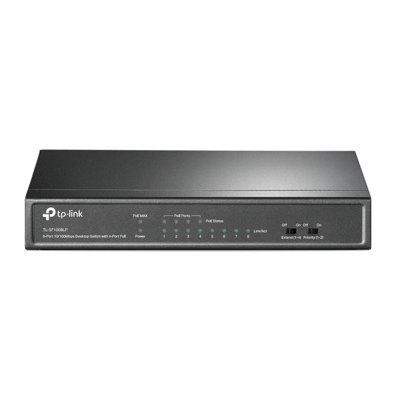 TP-Link TL-SF1008LP 8-Port Fast Ethernet PoE Switch (4 davon mit PoE-Unterstützung, 41W Watt, geschirmte RJ-45 Ports, 250m Übertragungsabdeckung im Extendmodus, Plug&Play, lüfterlos) Schwarz