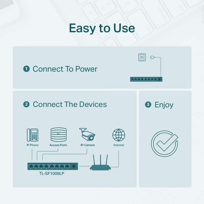TP-Link TL-SF1008LP 8-Port Fast Ethernet PoE Switch (4 davon mit PoE-Unterstützung, 41W Watt, geschirmte RJ-45 Ports, 250m Übertragungsabdeckung im Extendmodus, Plug&Play, lüfterlos) Schwarz