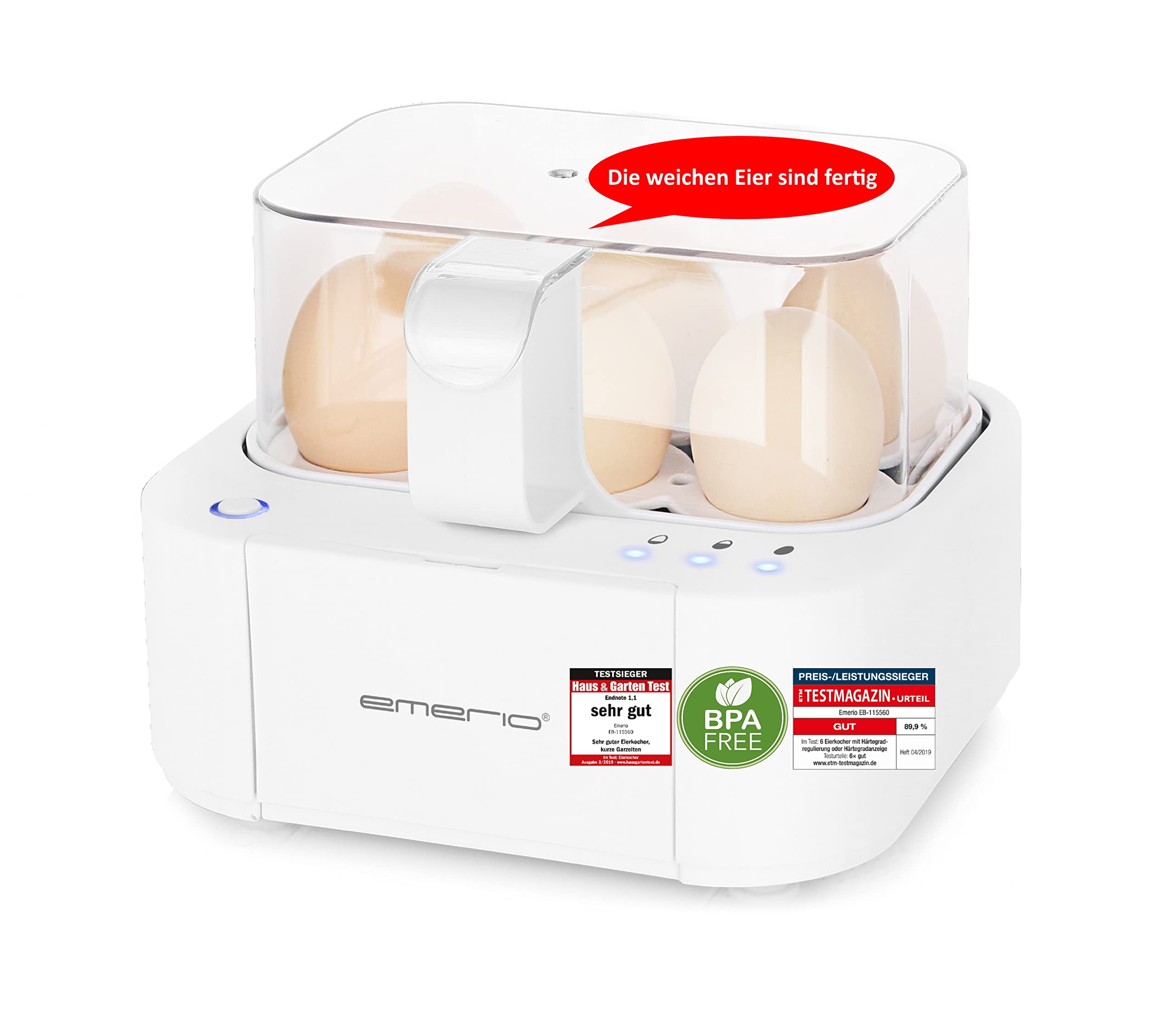 Emerio bester Eierkocher EB-115560 cooks all three cooking levels  in just one cooking process with perfect result and voice output, unique in technology and design, model 2022