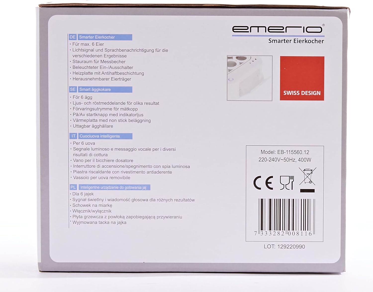 Emerio bester Eierkocher EB-115560 cooks all three cooking levels  in just one cooking process with perfect result and voice output, unique in technology and design, model 2022