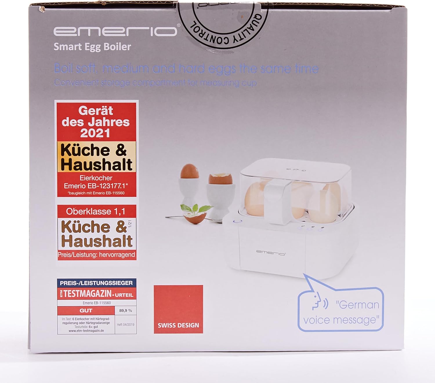 Emerio bester Eierkocher EB-115560 cooks all three cooking levels  in just one cooking process with perfect result and voice output, unique in technology and design, model 2022
