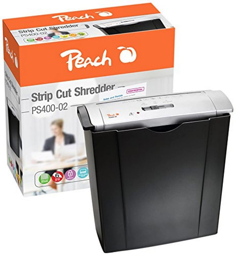 Peach PS400-02 Strip Cut Document Shredder, 6 Sheets, 8 Litres, 7 mm Strip Width (P-1), Long Durability and Many Functions