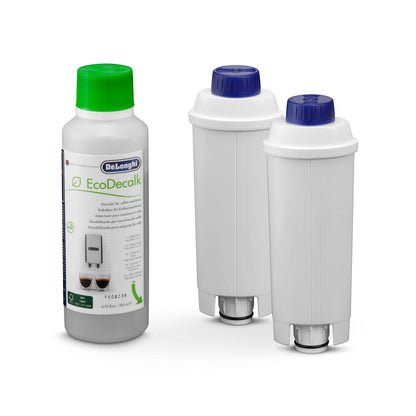 De’Longhi Pflegeset DLSC322 - Original EcoDecalk Entkalker und Wasserfilter für Kaffeevollautomaten mit Wasserfilter, Set 200ml Universal Kalklöser für 2 Entkalkungsvorgänge und 2 Wasserfilter