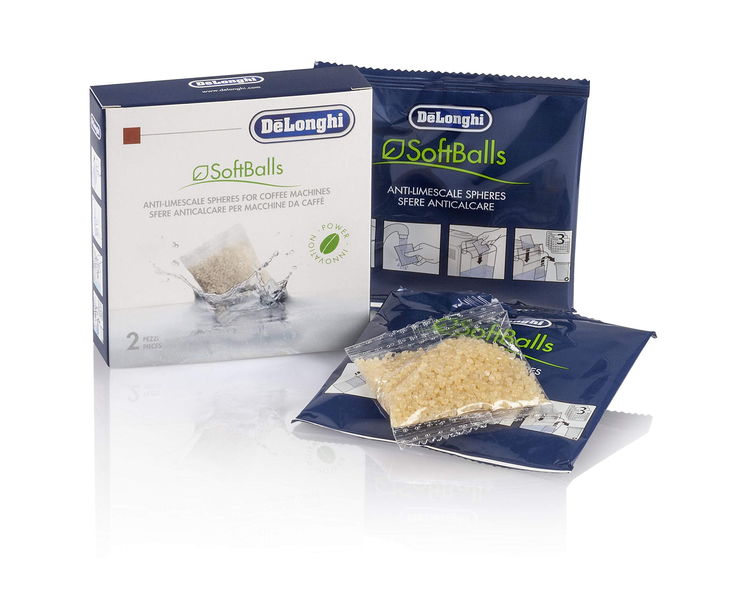 De'Longhi SoftBalls DLSC551 – Antikalk-Kügelchen, geeignet für Kaffeemaschinen mit Wassertank, Kalkreiniger & Wasserenthärter, Zubehör von De'Longhi, 2 Beutel