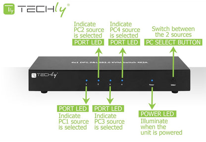 TECHLY 101935 DisplayPort 1.2 and USB 2.0 4 Port KVM Switch with Hub and Audio Black