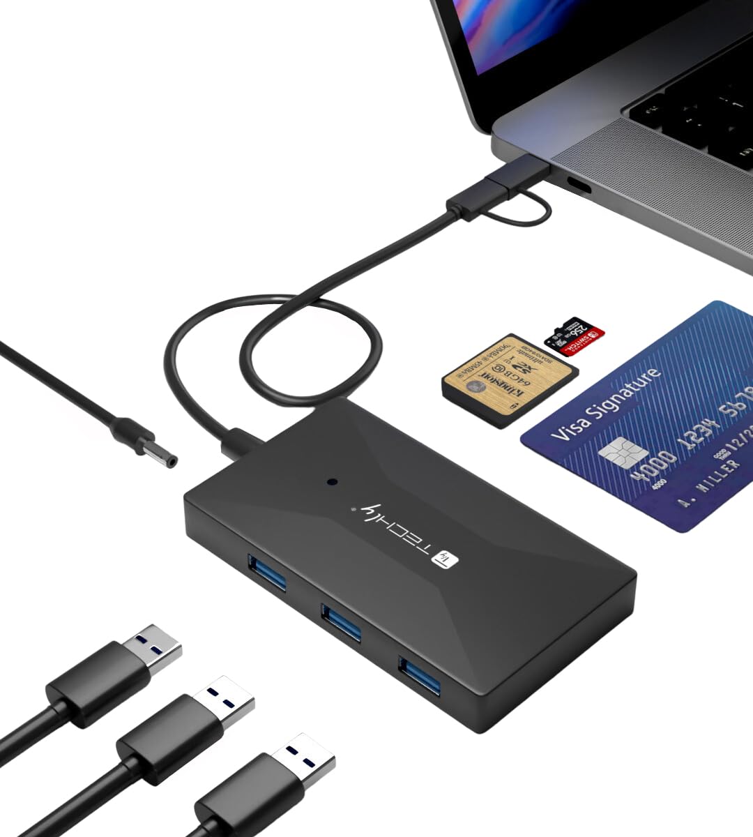 TECHLY 367270 SD/TF Memory Reader Smart Card with Hub 3 USB Ports Black