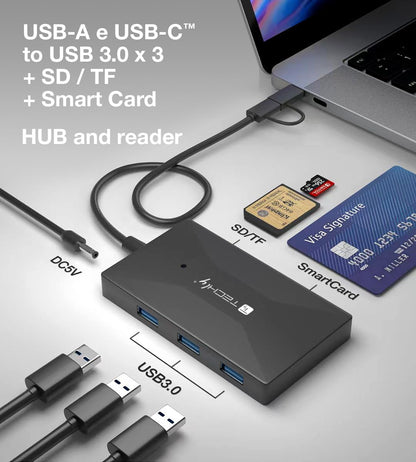 TECHLY 367270 SD/TF Memory Reader Smart Card with Hub 3 USB Ports Black