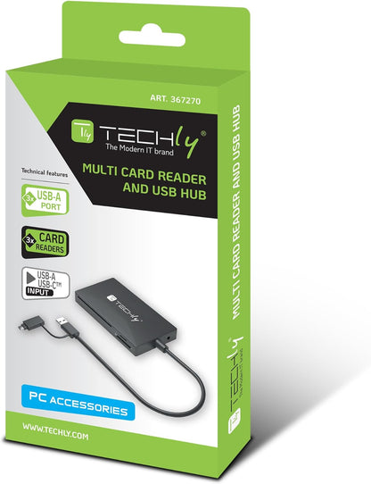 TECHLY 367270 SD/TF Memory Reader Smart Card with Hub 3 USB Ports Black