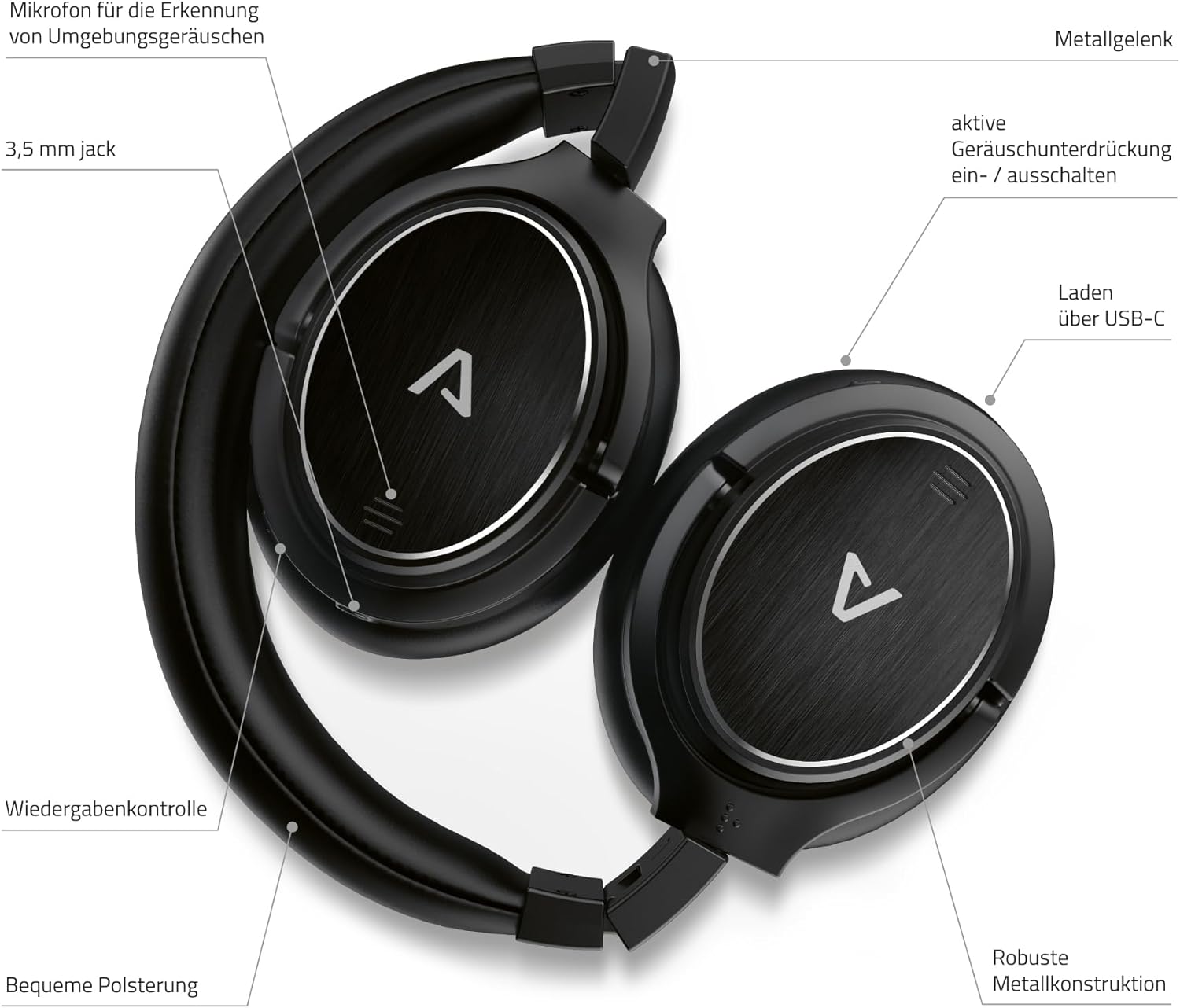 LAMAX NoiseComfort ANC Wireless headphones with active noise cancellation (ANC), Bluetooth 5.0, last 50 hours, travel case, a cable and aeroplane adapter out of the box, metal construction, USB-C