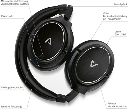 LAMAX NoiseComfort ANC Wireless headphones with active noise cancellation (ANC), Bluetooth 5.0, last 50 hours, travel case, a cable and aeroplane adapter out of the box, metal construction, USB-C