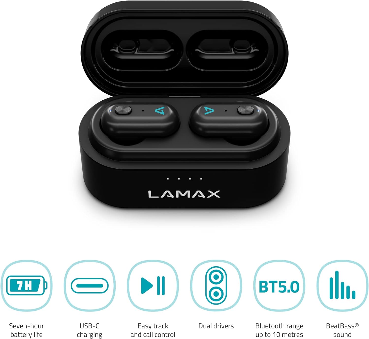 Lamax Duals1 Bluetooth Headphones 5.0 USB-C, In-Ear Headphones with Dual Driver, Up to 28 Hours Listening Time, Aluminium Housing with Battery Indicator, 3 Plug Sizes, Passive Noise Cancelling