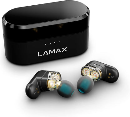 Lamax Duals1 Bluetooth Headphones 5.0 USB-C, In-Ear Headphones with Dual Driver, Up to 28 Hours Listening Time, Aluminium Housing with Battery Indicator, 3 Plug Sizes, Passive Noise Cancelling