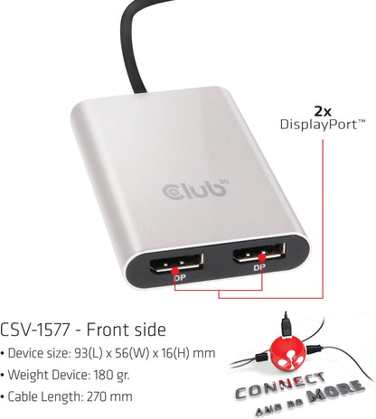 Club3D Displayport CSV-1577 Thunderbolt 3 Dual DisplayPort Output Display Adapter for Windows and MAC OSX Compatible Systems, Supports Two 4K 60Hz Monitors Or One 5K