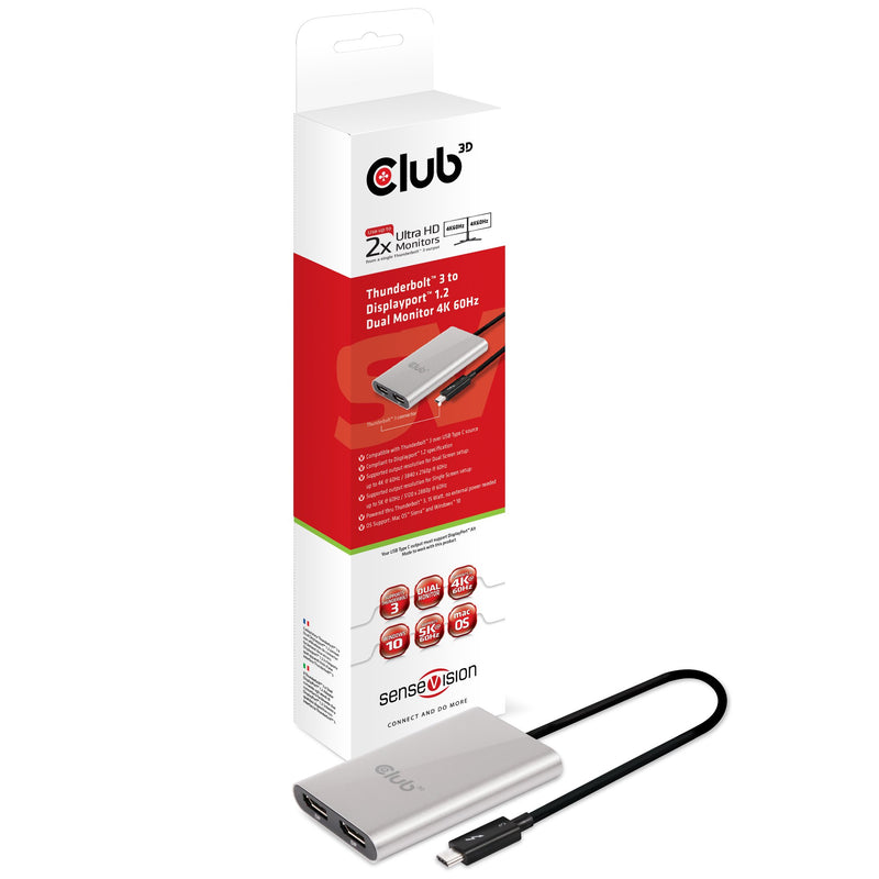 Club3D Displayport CSV-1577 Thunderbolt 3 Dual DisplayPort Output Display Adapter for Windows and MAC OSX Compatible Systems, Supports Two 4K 60Hz Monitors Or One 5K