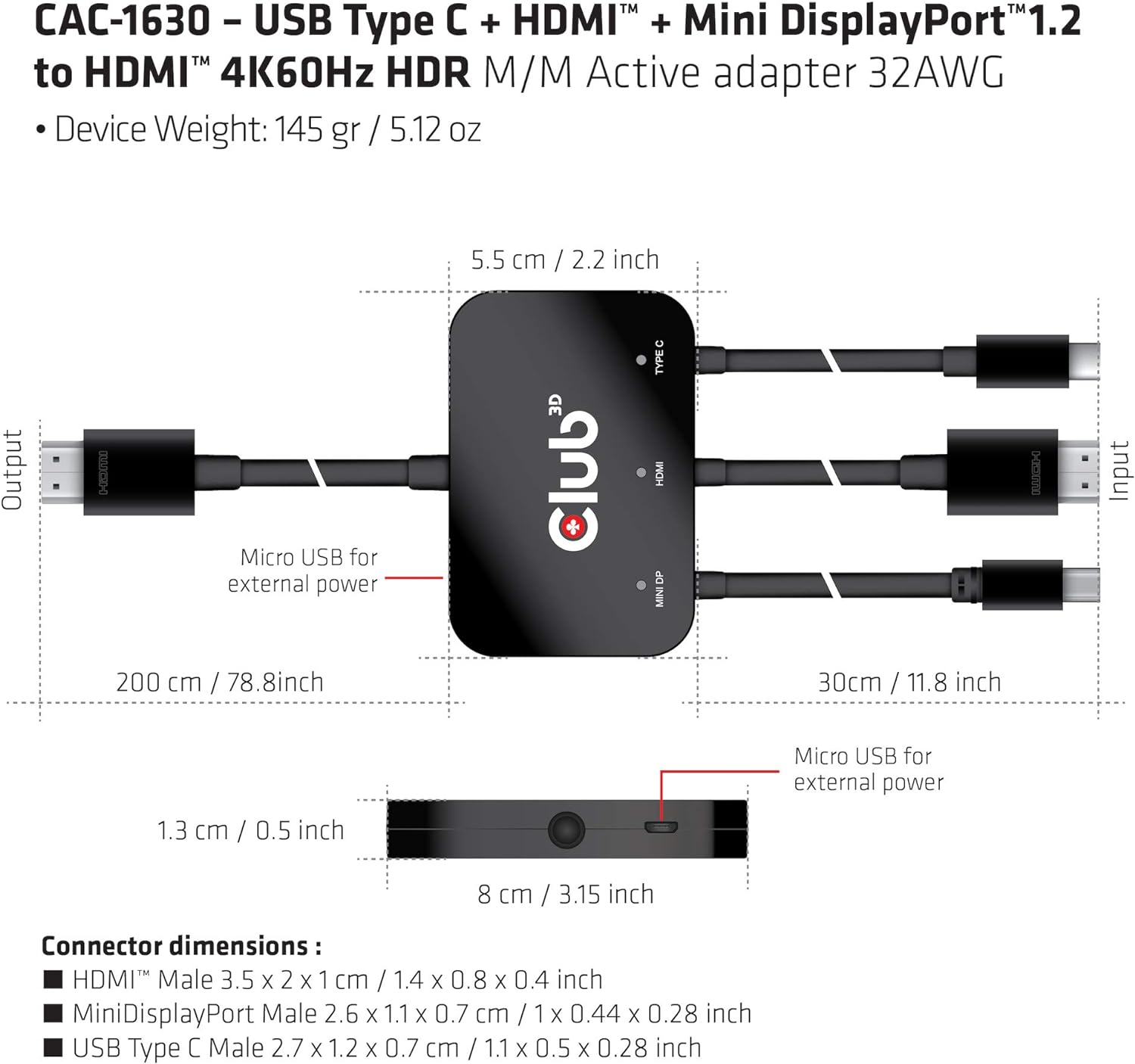 Club3D Adapter USB-C/HDMI/Mini-DP > HDMI aktiv S