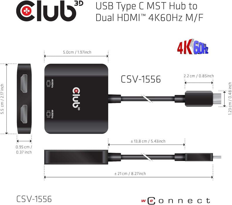 Club 3D USB Type-C 3.2 MST Hub to Dual HDMI™ 4K60Hz M/B, CSV-1556