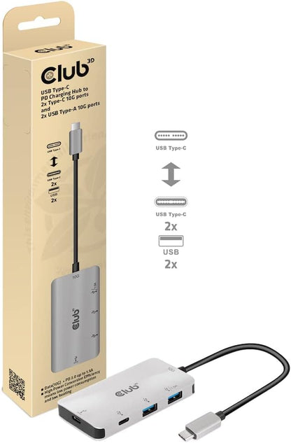 Club 3D USB Type-C PD Charging Hub to 2X Type-C 10G Ports and 2X USB Type-A 10G Ports
