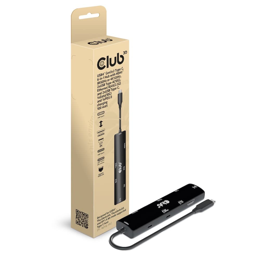 Club 3D CSV-1599 USB4™ Gen3x2 Type-C, 6-in-1 Hub with HDMI™ 8K60Hz or 4K120Hz, 2xUSB Type-A (10G), Ethernet RJ45(2.5G) and 2xUSB Type-C, 1x Data (10G) and 1 x PD3 0 charging 100 watts