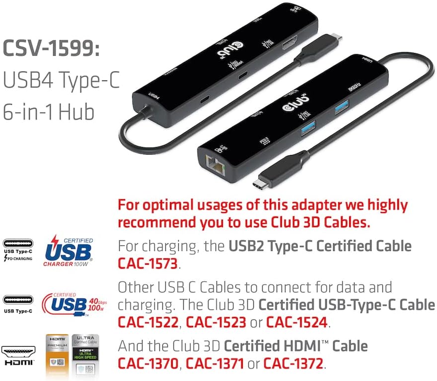 Club 3D CSV-1599 USB4™ Gen3x2 Type-C, 6-in-1 Hub with HDMI™ 8K60Hz or 4K120Hz, 2xUSB Type-A (10G), Ethernet RJ45(2.5G) and 2xUSB Type-C, 1x Data (10G) and 1 x PD3 0 charging 100 watts