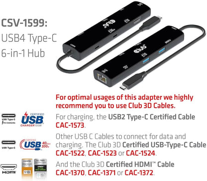 Club 3D CSV-1599 USB4™ Gen3x2 Type-C, 6-in-1 Hub with HDMI™ 8K60Hz or 4K120Hz, 2xUSB Type-A (10G), Ethernet RJ45(2.5G) and 2xUSB Type-C, 1x Data (10G) and 1 x PD3 0 charging 100 watts