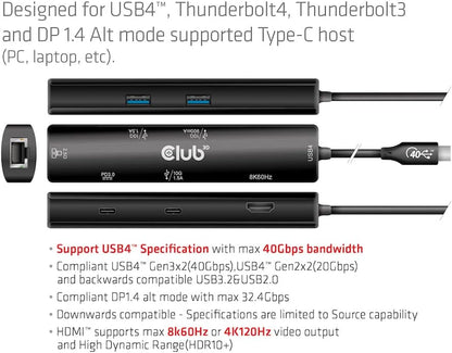 Club 3D CSV-1599 USB4™ Gen3x2 Type-C, 6-in-1 Hub with HDMI™ 8K60Hz or 4K120Hz, 2xUSB Type-A (10G), Ethernet RJ45(2.5G) and 2xUSB Type-C, 1x Data (10G) and 1 x PD3 0 charging 100 watts