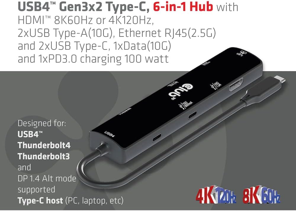 Club 3D CSV-1599 USB4™ Gen3x2 Type-C, 6-in-1 Hub with HDMI™ 8K60Hz or 4K120Hz, 2xUSB Type-A (10G), Ethernet RJ45(2.5G) and 2xUSB Type-C, 1x Data (10G) and 1 x PD3 0 charging 100 watts