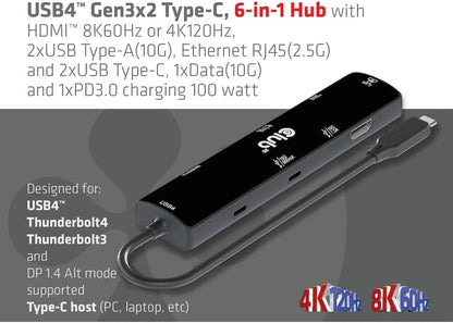 Club 3D CSV-1599 USB4™ Gen3x2 Type-C, 6-in-1 Hub with HDMI™ 8K60Hz or 4K120Hz, 2xUSB Type-A (10G), Ethernet RJ45(2.5G) and 2xUSB Type-C, 1x Data (10G) and 1 x PD3 0 charging 100 watts