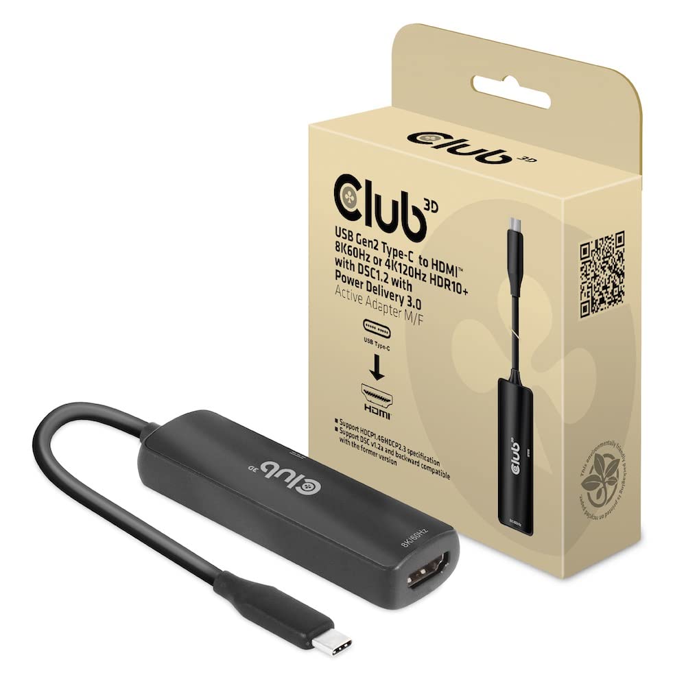 Club 3D CAC-1588 USB Gen2 Type-C to HDMI™ 8K60Hz or 4K120Hz HDR10, DSC1.2, Power Delivery 3.0 Active Adapter M/B.