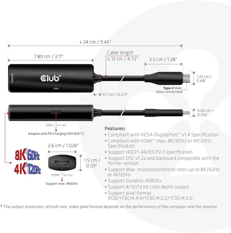 Club 3D CAC-1588 USB Gen2 Type-C to HDMI™ 8K60Hz or 4K120Hz HDR10, DSC1.2, Power Delivery 3.0 Active Adapter M/B.