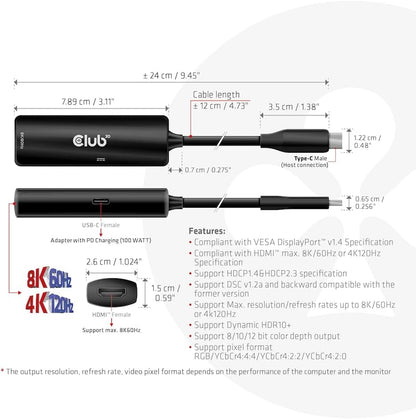 Club 3D CAC-1588 USB Gen2 Type-C to HDMI™ 8K60Hz or 4K120Hz HDR10, DSC1.2, Power Delivery 3.0 Active Adapter M/B.