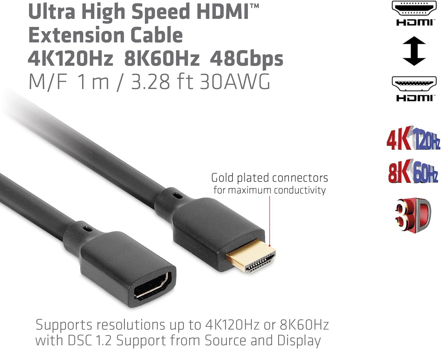Club 3D CAC-1322 Ultra High Speed HDMI Extension Cable 4K120Hz 8K60Hz 48Gbps M/B. 1m 30AWG