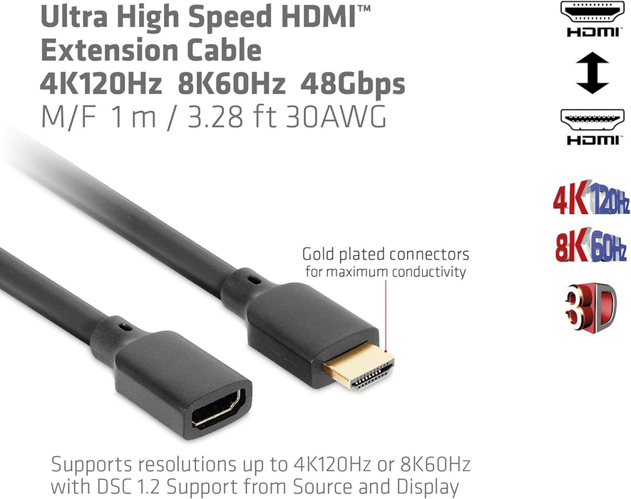 Club 3D CAC-1322 Ultra High Speed HDMI Extension Cable 4K120Hz 8K60Hz 48Gbps M/B. 1m 30AWG