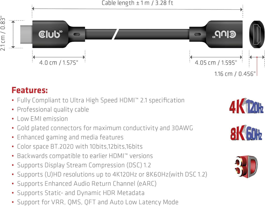Club 3D CAC-1322 Ultra High Speed HDMI Extension Cable 4K120Hz 8K60Hz 48Gbps M/B. 1m 30AWG