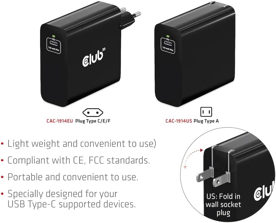 Club 3D Ladegerät 140 Watt GaN-Technologie, Einzelanschluss USB Typ-C, Power Delivery (PD) 3.1 Unter