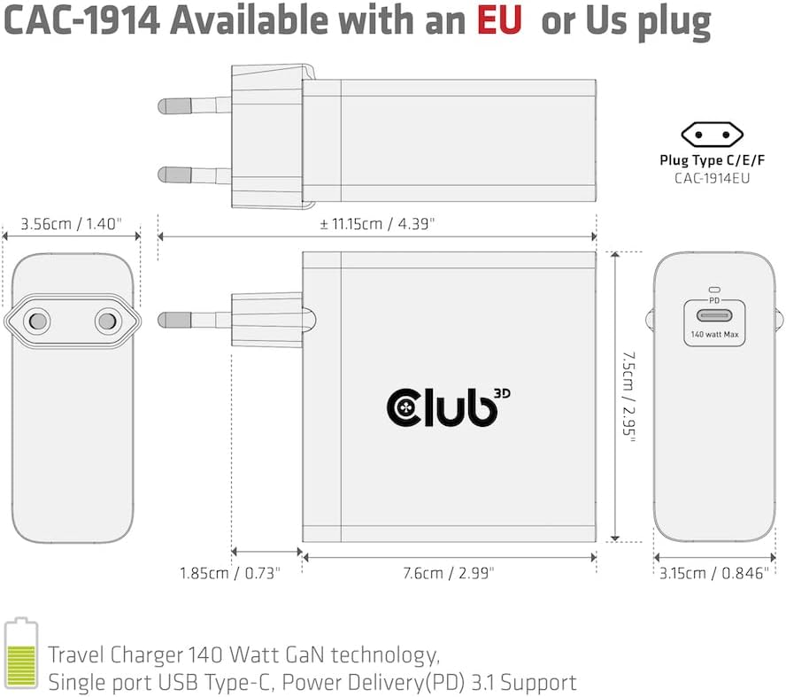 Club 3D Ladegerät 140 Watt GaN-Technologie, Einzelanschluss USB Typ-C, Power Delivery (PD) 3.1 Unter
