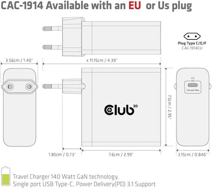 Club 3D Ladegerät 140 Watt GaN-Technologie, Einzelanschluss USB Typ-C, Power Delivery (PD) 3.1 Unter