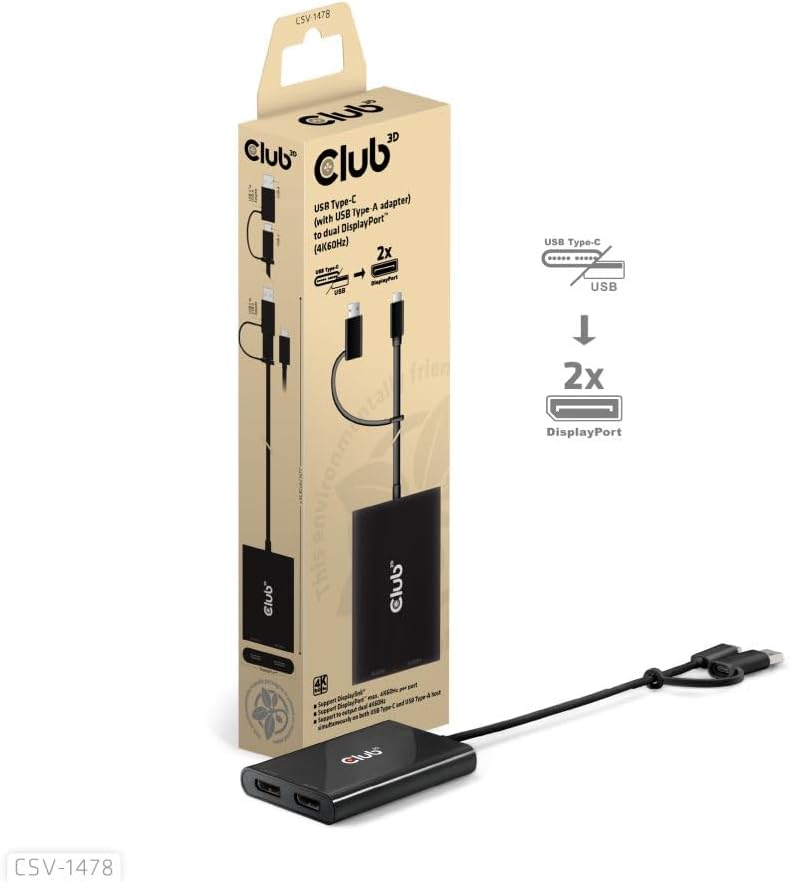 Club3D Adapter USB-C > 2x DP 4K@60Hz mit USB-A Ada