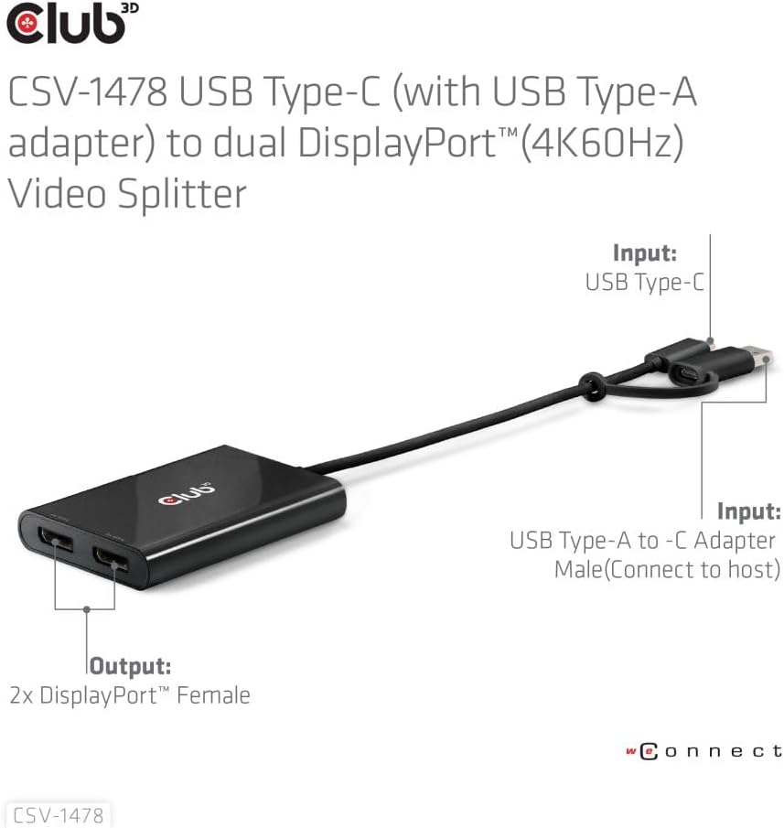 Club3D Adapter USB-C > 2x DP 4K@60Hz mit USB-A Ada