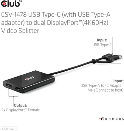 Club3D Adapter USB-C > 2x DP 4K@60Hz mit USB-A Ada
