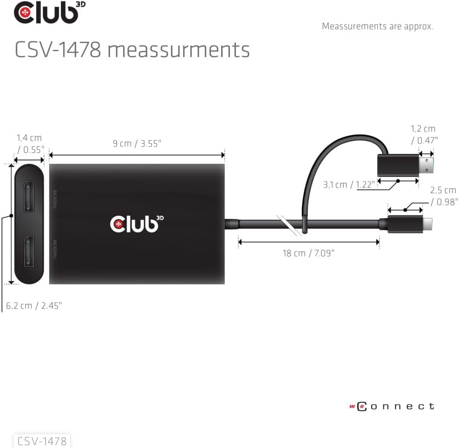 Club3D Adapter USB-C > 2x DP 4K@60Hz mit USB-A Ada