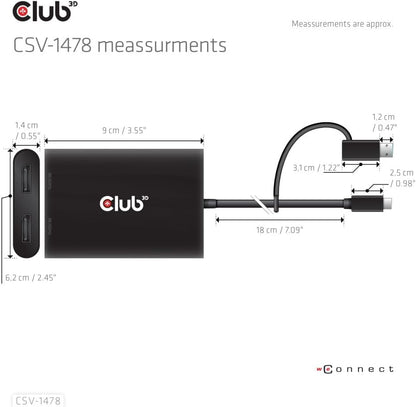 Club3D Adapter USB-C > 2x DP 4K@60Hz mit USB-A Ada