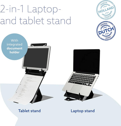 R-Go Tools Tablet and Laptop Stand, 2 in 1 dual stand, Ergonomic, Ultra-thin Aluminum, Adjustable Portable, Compatible with 10-22" MacBook/Air Pro/Dell XPS/Lenovo/Tablet, Support up to 11ibs, Black