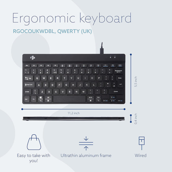 R-Go Tools Compact Break Keyboard - QWERTY (UK layout) - Featuring Break Indicator, Ergonomic Flat design, Wired USB-C/USB-A Connection - Windows/Mac/Linux Compatible