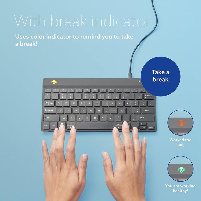 R-Go Tools Compact Break Keyboard - QWERTY (UK layout) - Featuring Break Indicator, Ergonomic Flat design, Wired USB-C/USB-A Connection - Windows/Mac/Linux Compatible
